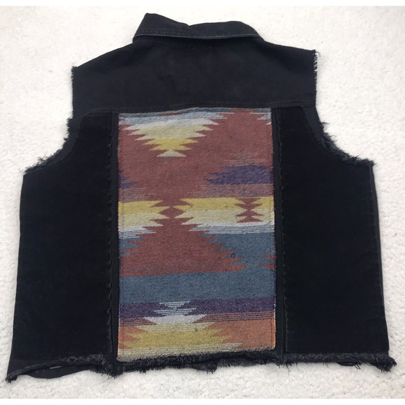 Lucky & Blessed Western Vest MEDIUM Black Denim Southwest Navajo Serape Distress - Picture 1 of 13